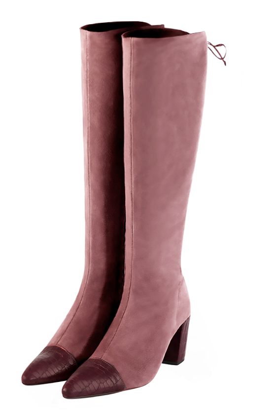 Burgundy red and dusty rose pink women's knee-high boots, with laces at the back. Tapered toe. High block heels. Made to measure. Front view - Florence KOOIJMAN